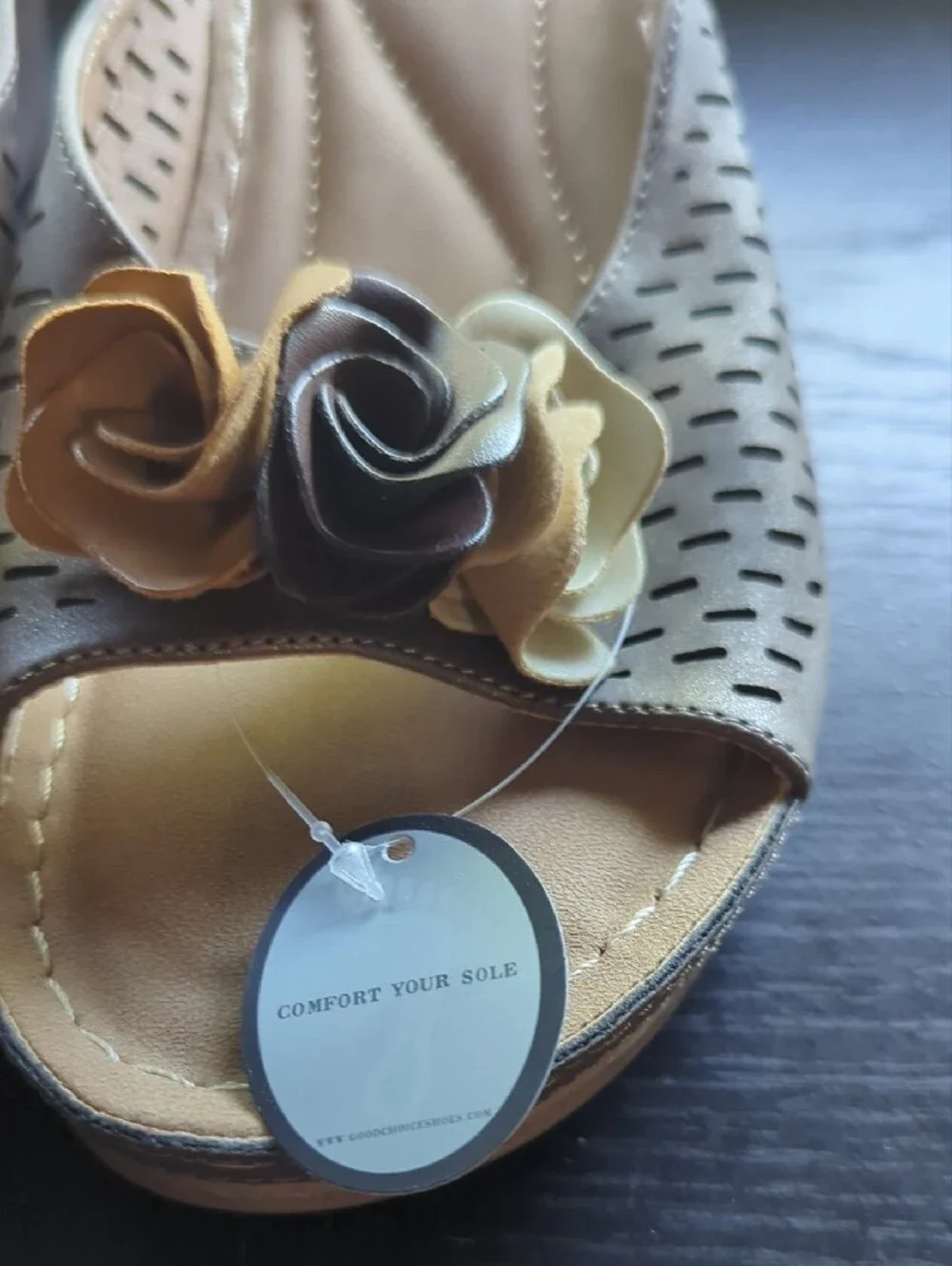 Good Choice Tan and Black Floral Wedge Mules